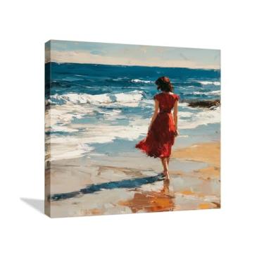 Imagem de CANLUNTE Arte impressionista em tela de paisagem marítima | Pintura de senhora de vermelho na praia | Decoração de parede costeira moderna para escritório em casa | Impressão giclée de cena do oceano