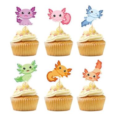 Imagem de 36 peças de topos de cupcake axolotl, tema de axolote pastel, suprimentos de festa de aniversário, decorações de bolo de salamandra fofas para meninas, crianças, revelação de gênero, chá de bebê