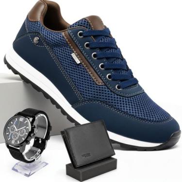 Imagem de Tênis Masculino Casual Sapatênis Preto Jogging Azul Com Relogio - Ferr