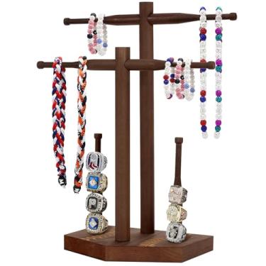 Imagem de EZFXHD WTER Suporte organizador de colar de madeira de duas camadas de beisebol ou softball, suporte requintado para exibição de anel de campeonato, beisebol, esportes ou softball, presente de troféu