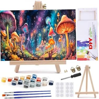 Imagem de MaiMMaledy Kit de pintura por números para adultos iniciantes imagens em tela com desenho emoldurado pigmento acrílico com cavalete triangular de madeira cogumelo mágico colorido 20x30 cm C cm