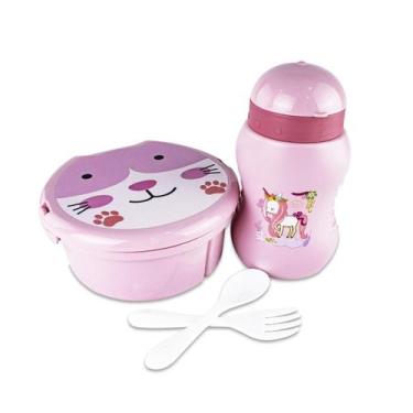 Imagem de Lancheira Marmita Infantil Garfo E Colher + Garrafinha Rosa - Arte Sed