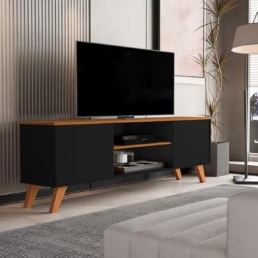 Imagem de Rack para TV até 57 Polegadas 136cm com Pés de Madeira Helena, Estante Moderna 2 Portas Prateleira MDP, Painel Sala de Estar Nature Off White Compacto (Branco)