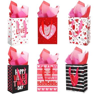 Imagem de MIMIND Pacote com 48 sacos de presente de dia dos namorados com papel de seda sacos de papel kraft para dia dos namorados com alças sacos de presente de papel de coração para lembrancinhas de festa de