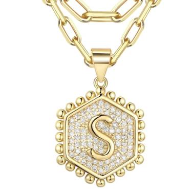 Imagem de JENDEAR Colares com inicial para mulheres na moda, banhado a ouro real 14 K em camadas gargantilha delicada colar zircônia cúbica moeda pingente joia presente, Metal, Zircônia cúbica