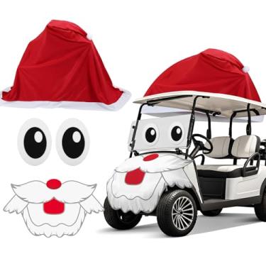 Imagem de Soulchen Kit de decoração de carrinho de golfe de Natal, 4 peças, acessórios de carrinho de golfe de Natal, chapéu de Papai Noel, capa de carro, adesivo para olhos, feltro, barba de Papai Noel com