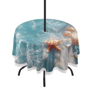 Imagem de Blueangle Toalha de mesa redonda de 152 cm à prova d'água com estrela do mar e coral com orifício para guarda-chuva - Tecido resistente à prova de sol para todos os climas para pátio, acampamento