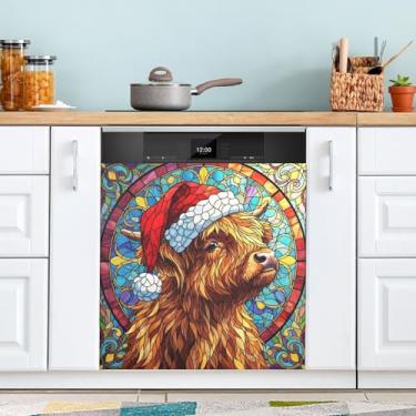 Imagem de ATTX Tampa magnética de vidro manchado Papai Noel bezerro máquina de lavar louça, 58 cm C x 66 cm A decoração da capa da máquina de lavar louça, decalques de armário doméstico eletrodomésticos