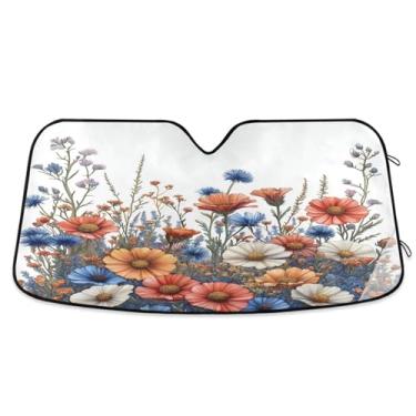 Imagem de ATTX Pára-brisas de carro colorido flores silvestres 134.6 cm x 59.7 cm Protetor solar universal com proteção UV, persiana de janela frontal automática dobrável para caminhões Sedans SUVs #926
