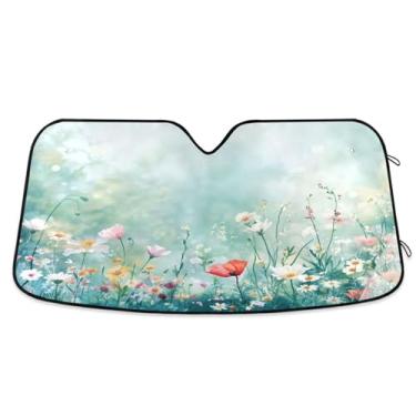 Imagem de ATTX Pára-brisas de carro com pintura em aquarela Meadow 134.6 cm x 59.7 cm Protetor solar universal com proteção UV, persiana de janela frontal automática dobrável para caminhões Sedans SUVs #574