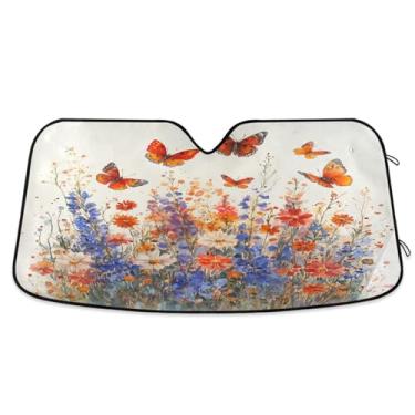 Imagem de ATTX Para-brisa de carro Butterflies and Wildflowers 134.6 cm x 59.7 cm Protetor solar universal com proteção UV, persiana de janela frontal automática dobrável para caminhões Sedans SUVs #158