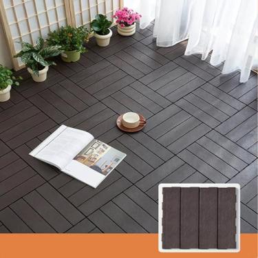 Imagem de Azulejos de deck interligados 30,5 cm x 30,5 cm, 6 ripas de piso externo azulejos de pátio de madeira de acácia, deck de piso de pátio à prova d'água para varanda quintal, uso interno e externo F 10