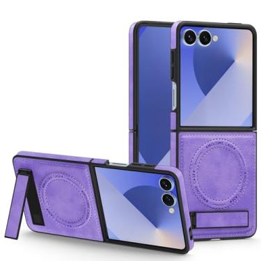 Imagem de Capa de couro com carregamento sem fio para Samsung Galaxy Z Flip 7 6 5 4 3 5g Zflip5 Zflip6 com suporte magnético (para Galaxy Z Flip6/Roxo)