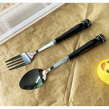 Imagem de Conjunto de louça de cerâmica com alça de aço inoxidável, garfo de sobremesa, animal, colher de café, colher de sorvete (gato preto)