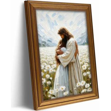 Imagem de Arte de parede de Jesus emoldurado em ouro vintage Jesus abraçando menina impressões cristãs em tela Deus abraçando imagem de mulher crenças religiosas pintura espiritual pôster arte para sala de