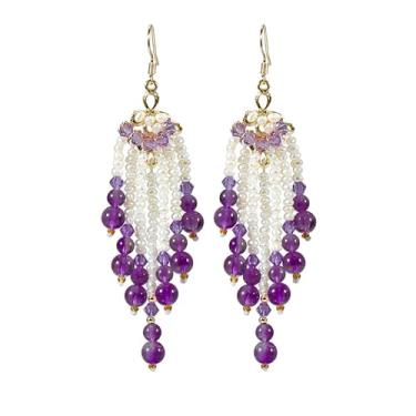 Imagem de Yinujiao Brincos pendentes de ametista com franja roxa, longo, boêmio, feito à mão, água, pérola fresca, borla, para mulheres e meninas, embalagem de presente de casamento, Cristal
