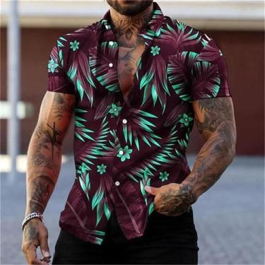 Imagem de Camisa Masculina Estilo Havaiano Com Estampa De Flores Pretas E Dourad