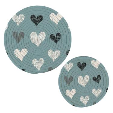 Imagem de Wassud Trivet de corações cinzentos para pratos quentes, suportes redondos de algodão, almofadas quentes, porta-copos elegantes, decoração de cozinha e acessórios, 2 peças