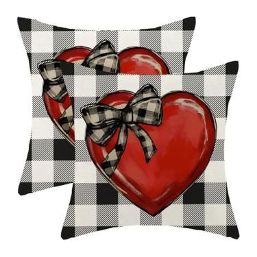 Imagem de Yxuiyal Conjunto de 2 capas de almofada para o dia dos namorados, 45,7 x 45,7 cm, preto, xadrez, vermelho, coração, amor, casamento, dia das mães, casa de fazenda, capa de almofada para decoração de