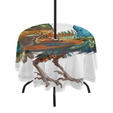 Imagem de CEBUGI Toalha de mesa redonda para uso ao ar livre, colorido, pavão, impermeável, com furo Umberlla, capa de mesa lavável para pátio, cozinha, sala de jantar, 152 cm
