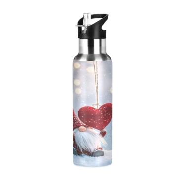 Imagem de Wassud Garrafa de água fofa gnomo com coração pendurado garrafa de água esportiva de aço inoxidável com canudo garrafas de água isoladas copo portátil de viagem 623 g