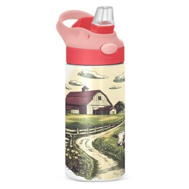 Imagem de xigua Garrafa de água infantil Farm Landscape com canudo – Copo de aço inoxidável à prova de vazamento de 340 g para esportes, creche