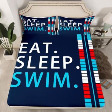 Imagem de Jogo de cama Queen para natação infantil, jogos esportivos de verão, comer, dormir, nadar, decoração de quarto de meninos e meninas, listras geométricas, quadriculado, lençol com elástico, 2 fronhas