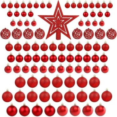 Imagem de Kit 101 Bolas de Natal Mista Lisas Glitter Decoração Enfeite Árvore de Natal com Ponteira(Vermelho)
