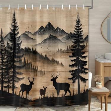 Imagem de Lacoiime Cortina de chuveiro rústica de cervo, cabana de madeira campestre caça animal selvagem vintage fazenda caça acampamento trailer decoração de banheiro tecido poliéster conjunto de cortina de