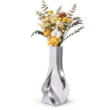 Imagem de Vaso de cerâmica branco e prata de 27 cm, vaso de flores geométrico moderno para mesa de jantar, vaso decorativo elegante para grama dos pampas, sala de estar, quarto, escritório, decoração de mesa