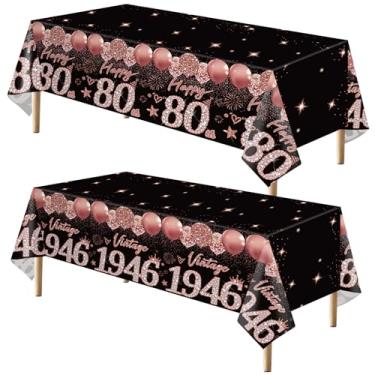 Imagem de Uiorgui 2 toalhas de mesa de aniversário de 80 anos, decorações de aniversário de 80 anos em ouro rosa preto para mulheres, vintage, 1946, toalha de mesa retangular de plástico, artigos de festa de 80