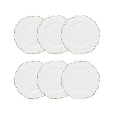 Imagem de Cj 6 Pratos para Sobremesa de Porcelana Branca Maldivas C/Filete Dourado 21cm Wolff
