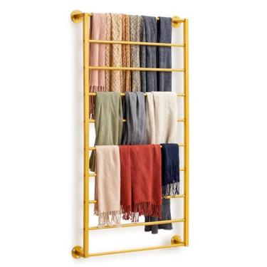 Imagem de Kritkin Organizador Hijab, organizador de cachecol de metal de 10 níveis, suporte de cinto independente para exibição de cachecol para boutique, loja de varejo, quarto, loja de roupas (ouro, 120 x 60