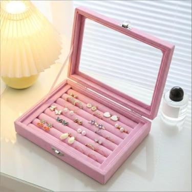 Imagem de Bandeja organizadora de anéis com 7 compartimentos, caixa de armazenamento de brincos de veludo com tampa transparente, estojo de exibição de joias para meninas, esposa, mãe, mulheres, rosa