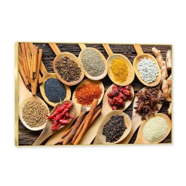 Imagem de Moldura dourada. Arte de parede em tela de especiarias coloridas e colher de tempero | Decoração de cozinha vintage | Arte moderna para casa e sala de jantar. B29. 80 x 120 cm - 31,5 x 47,3 pol