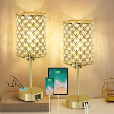 Imagem de Conjunto de 2 lâmpadas de mesa de cristal, luminária de toque dourada para mesa de cabeceira com portas USB C + A, luminária de cabeceira pequena regulável de 3 vias com sombra de cristal, luminárias