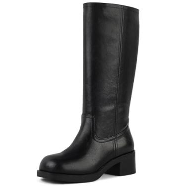 Imagem de FancyQueen Botas de cano alto femininas, bico quadrado, cano alto, salto grosso, salto baixo, calçado moderno para uso casual, campus, festa, shows de campo, outono e equitação, Preto, 42