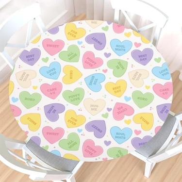 Imagem de Toalha de mesa redonda para Dia dos Namorados com borda elástica, resistente à água, limpável, colorido, coração rosa, carta de amor, capa de mesa para mesa elástica de 101,6 a 111,8 cm para jantares