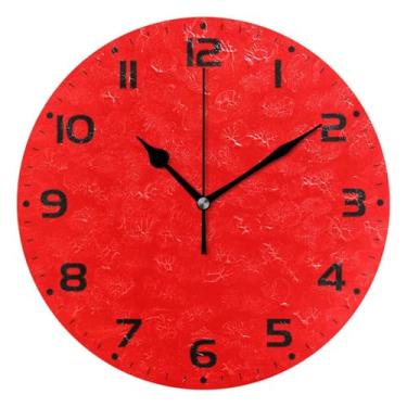 Imagem de JUZIHAI Relógio de parede vermelho de cor sólida silencioso, sem tique-taque, relógios de parede redondos operados por bateria, fácil de ler, relógio decorativo de parede para casa, cozinha, sala de