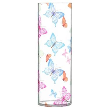 Imagem de JUZIHAI Vaso de flores com estampa de borboleta rosa 9,9 cm x 30 cm de cilindro de plástico moderno para decoração de casa de centro de mesa de casamento