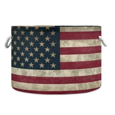 Imagem de JUZIHAI Cesta de armazenamento dobrável retrô com bandeira americana para bebê, cesto de roupa suja com alças de corda de algodão, caixa organizadora de armário dobrável para quarto, berçário, casa