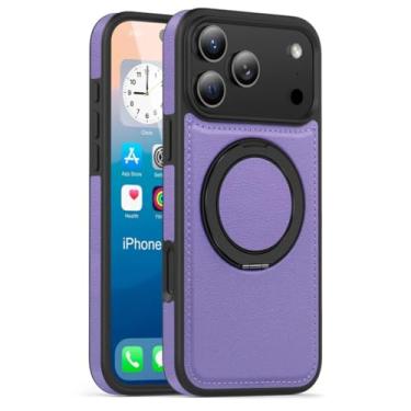Imagem de SFDSUH Capa de couro para iPhone 16e com suporte magnético giratório 360° em metal (para iPhone 16e/roxo)
