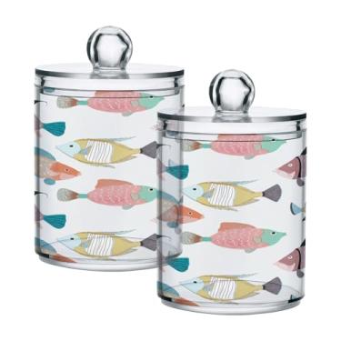 Imagem de Qilmy Pacote com 2 suportes coloridos de peixe, boticário, frascos de boticário de 400 ml, vasilha organizadora de banheiro para Qtips, cotonetes de algodão, bolas de algodão, almofadas cosméticas