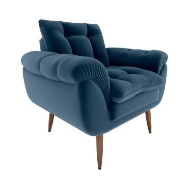 Imagem de Poltrona Decorativa Confortável Pés Em Madeira Maciça Xangai Veludo Azul Matrix Veludo Azul