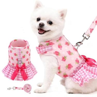 Imagem de EXPAWLORER Arreio para cães pequenos e médios, conjunto de coleira e laço xadrez, sem asfixia, sem puxão, colete de malha macia, roupas fofas de princesa, para meninas, festas, gatos, rosa, P
