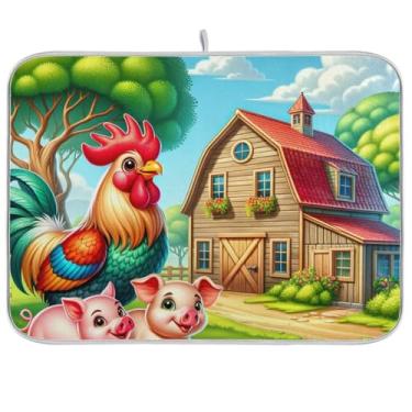 Imagem de Tapetes absorventes de secagem de pratos para balcão de cozinha, tapete de café de secagem rápida de fazenda de desenho animado, escorredor de pratos reversível, tapete resistente ao calor, 40 x 45 cm