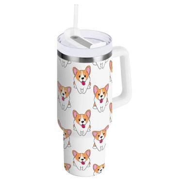 Imagem de Cute Dog Copo branco com isolamento duplo com canudo e alça para água, copos isolados 850 g / 0,89 L