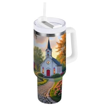 Imagem de ODAWA Copo grande de igreja de campo isolado com alça e tampa de palha, copos isolados de aço inoxidável