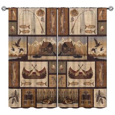 Imagem de Cortinas de patchwork de pesca para casa de fazenda ao ar livre rústica lazer impressão artística cortinas de janela para quarto sala de estar cozinha café (L50 x C 114 cm) x 2 decoração