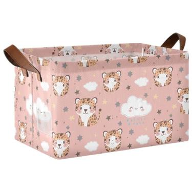 Imagem de Organizador de roupas para armário para armazenamento de suéteres, caixas de armazenamento de brinquedos dobráveis com alças, caixas de organização rosa com nuvens de leopardo, 17 x 29 x 25 cm, 1